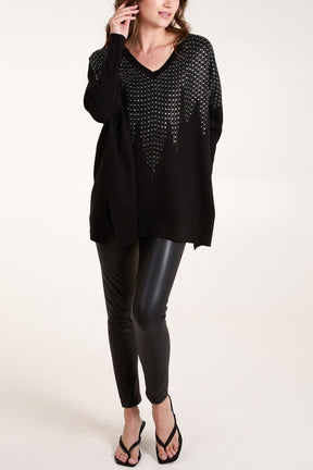 Diamante V-Neck Relaxed Jumper