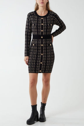 Checked Gold Button Knit Dress