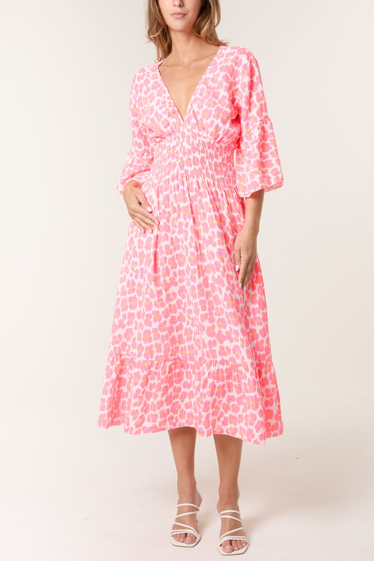 Shirred Waist Animal Cheesecloth Midi Dress