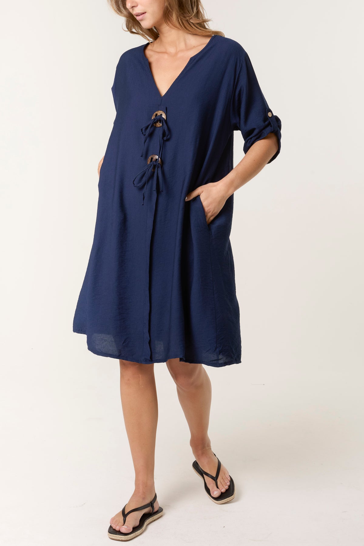 Double Tie Button V-Neck Dress