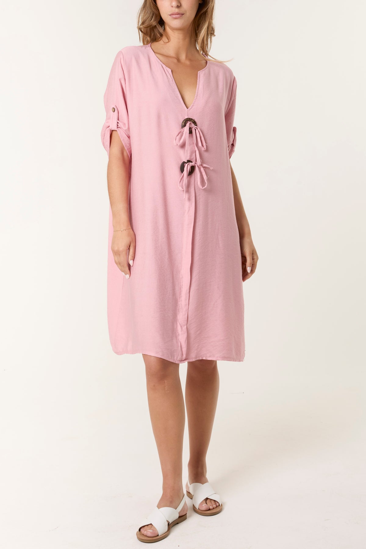 Double Tie Button V-Neck Dress