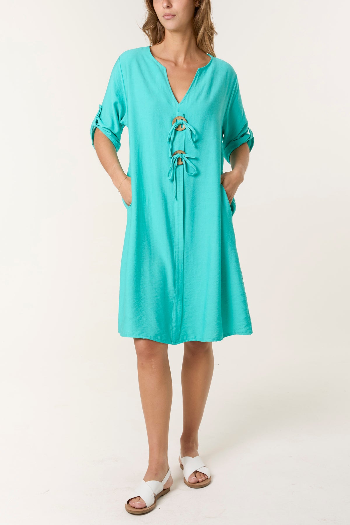 Double Tie Button V-Neck Dress