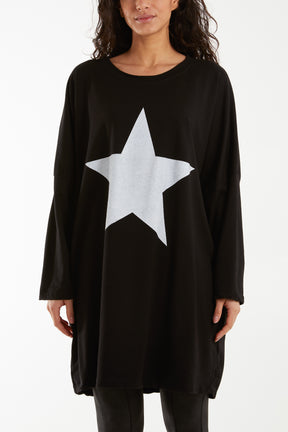 Foil Star Side Pockets Sweatshirt Dress