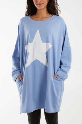 Foil Star Side Pockets Sweatshirt Dress