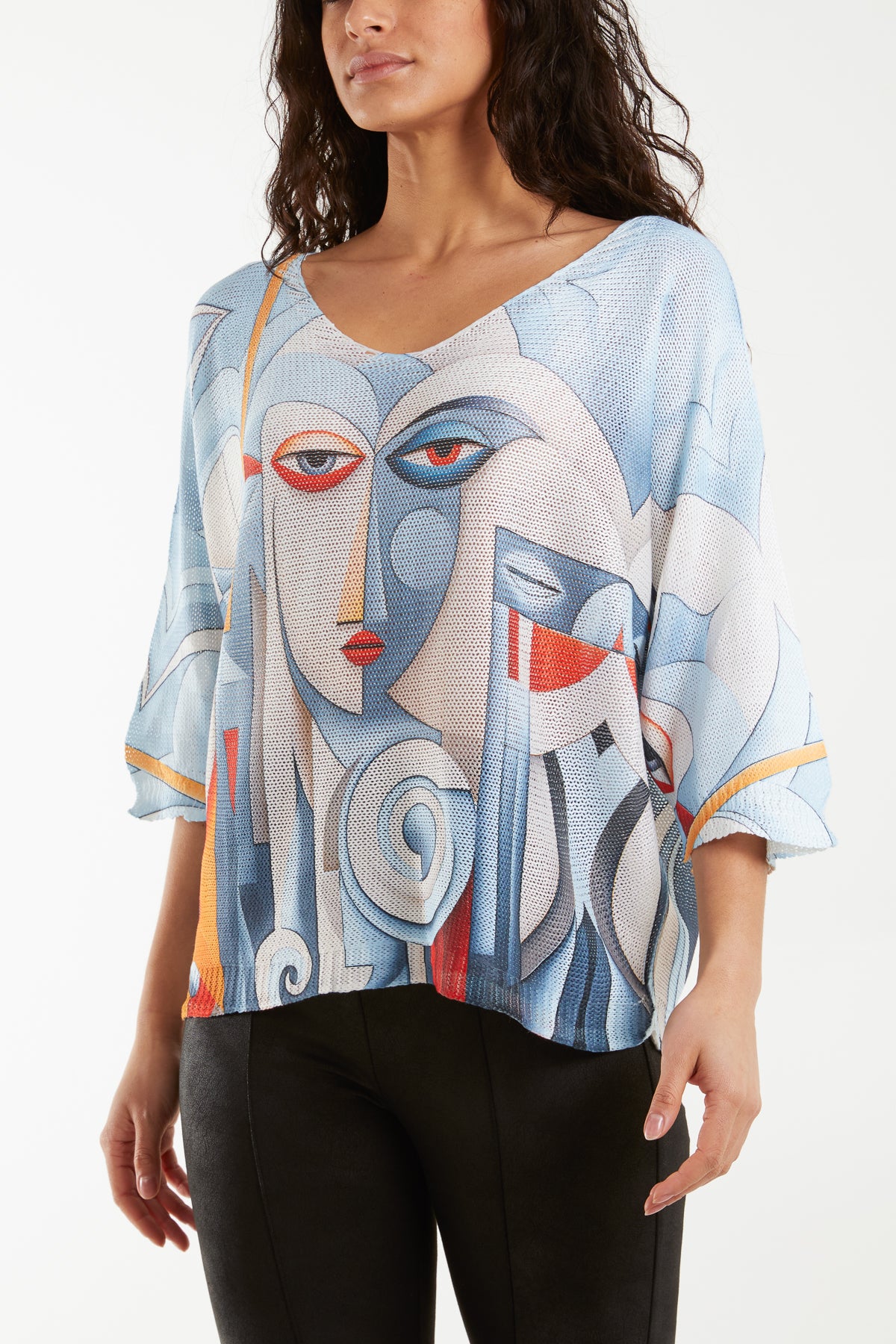 Cubist Face Print Knit Top