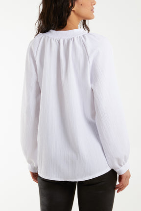 Collarless Balloon Sleeve Crinkle Shirt