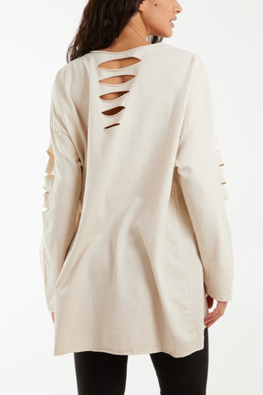 Sleeve & Back Distressed Cut Out long Top
