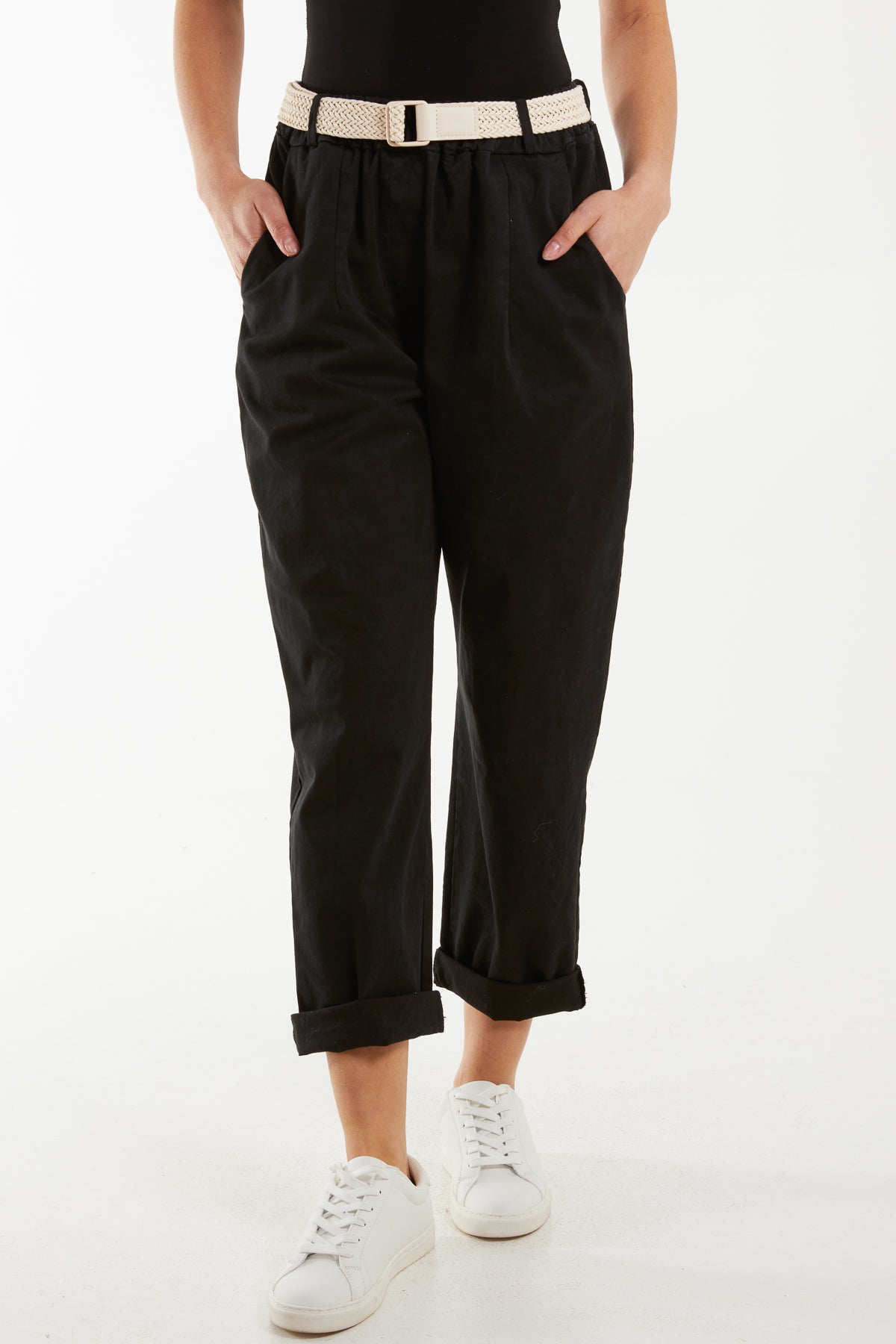 Belted High Waisted Cotton Drill Chinos