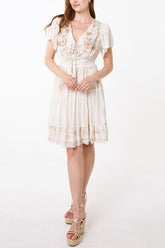 Embellished Gold Floral Tiered Mini Dress