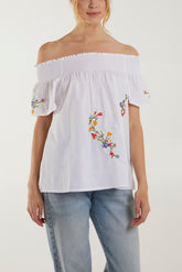 Bardot Floral Embroidery Cotton Top