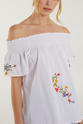 Bardot Floral Embroidery Cotton Top