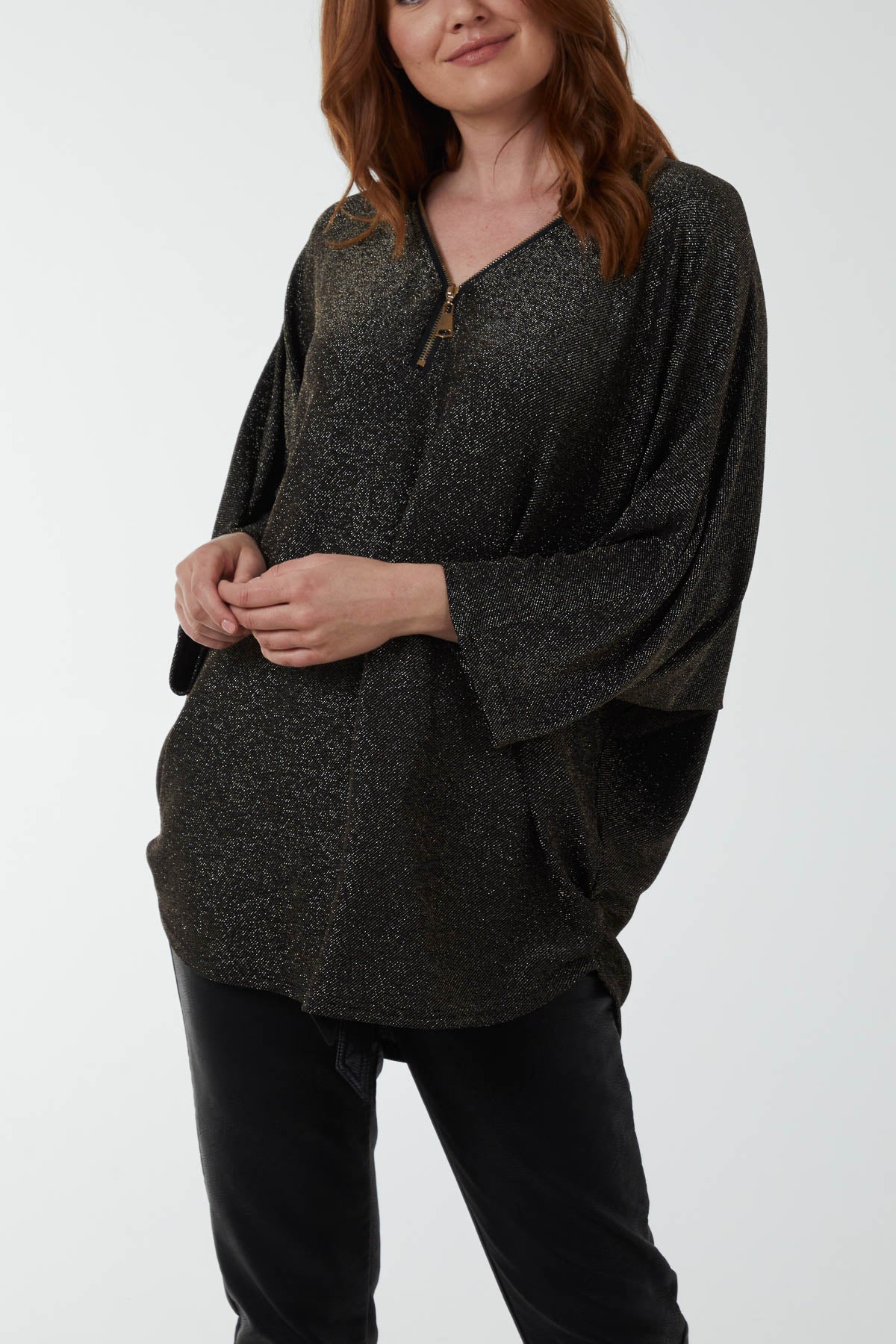 Sequin Glitter 3/4 Sleeve Zip Top