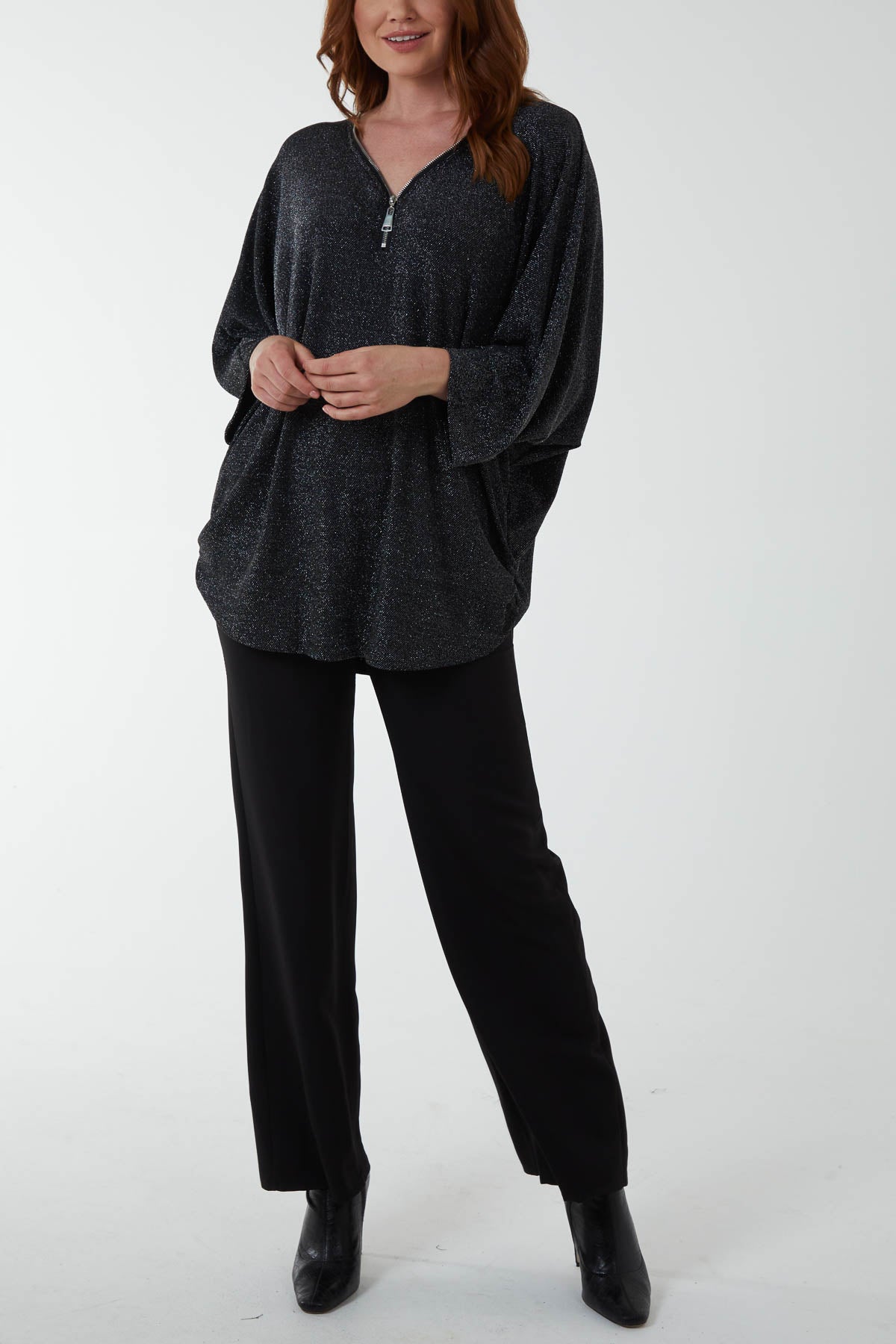 Sequin Glitter 3/4 Sleeve Zip Top
