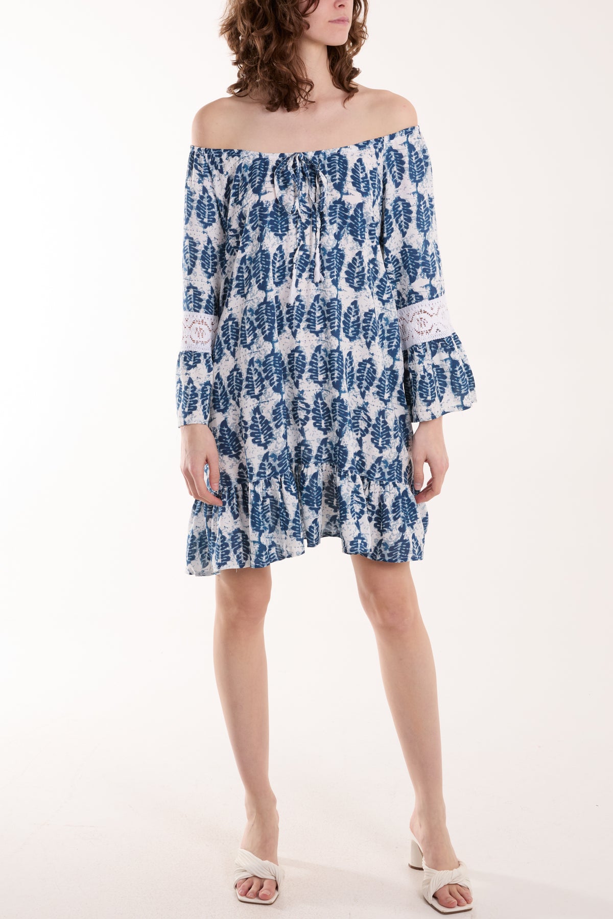 Bardot Leaf Print & Lace Detail Tunic Dress