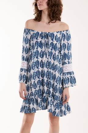 Bardot Leaf Print & Lace Detail Tunic Dress
