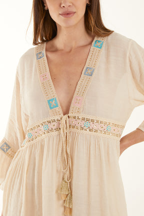 Embroidery & Tassel Cotton Tie Kimono