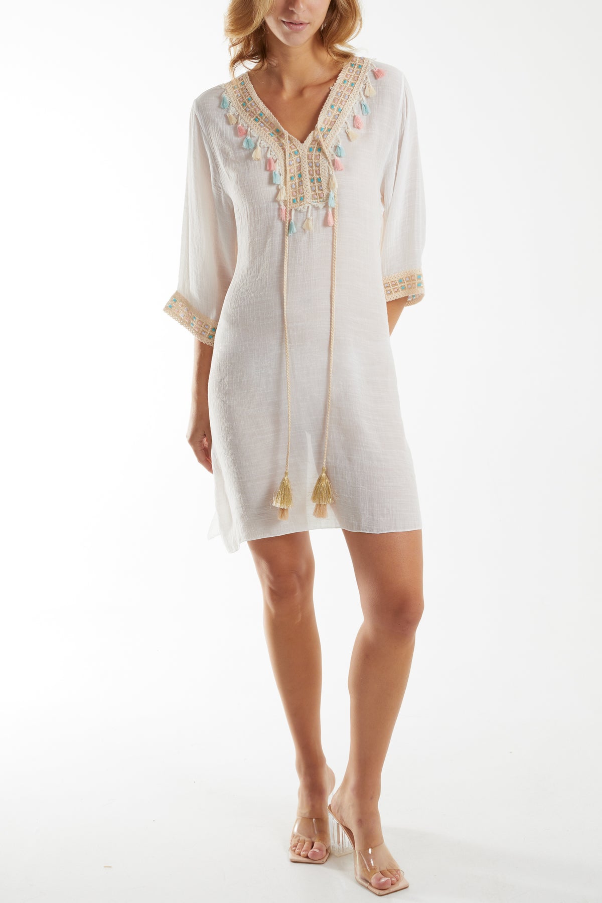 Crochet Tassel Lightweight Linen Tunic Dress