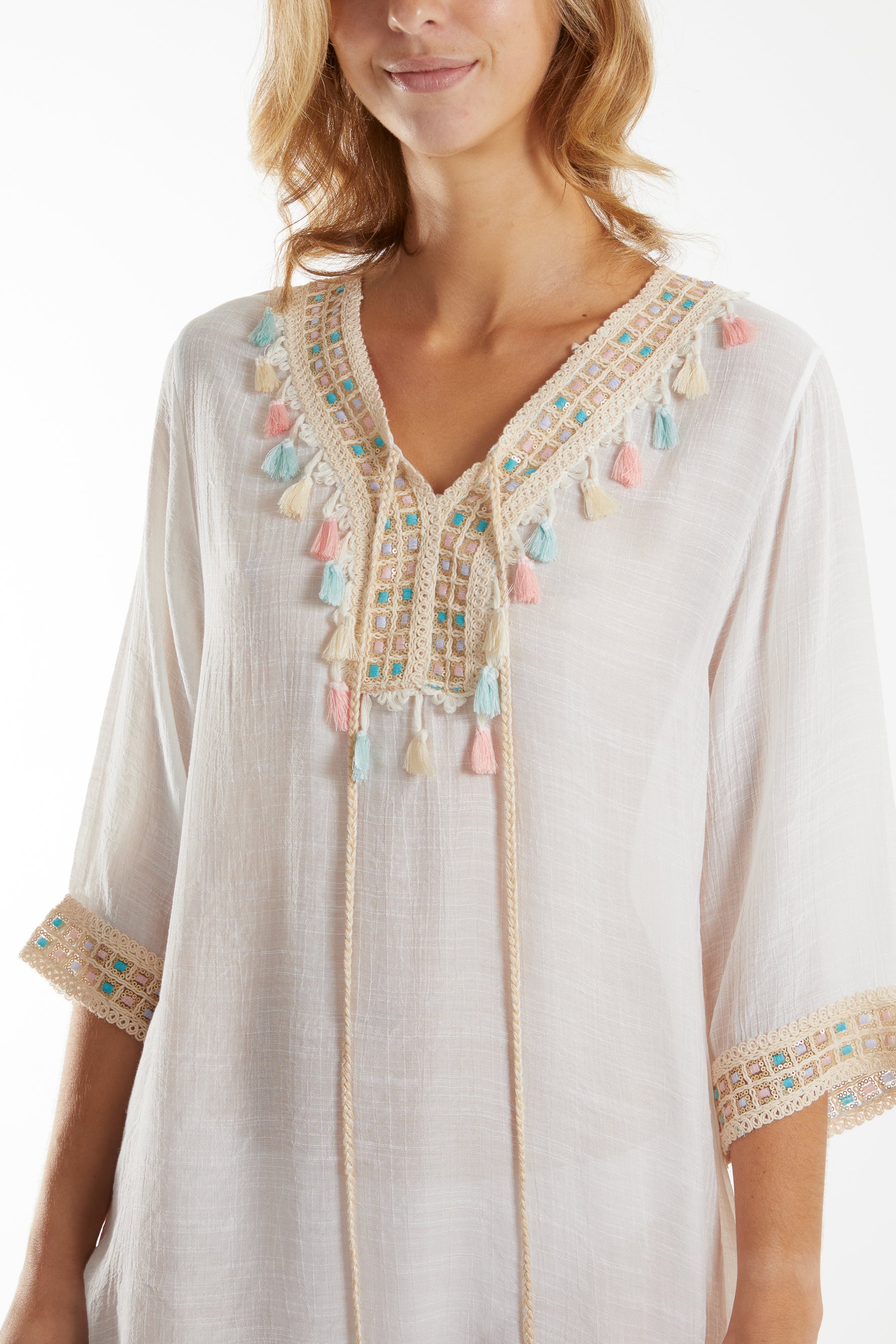 Crochet Tassel Lightweight Cotton Tunic Dress