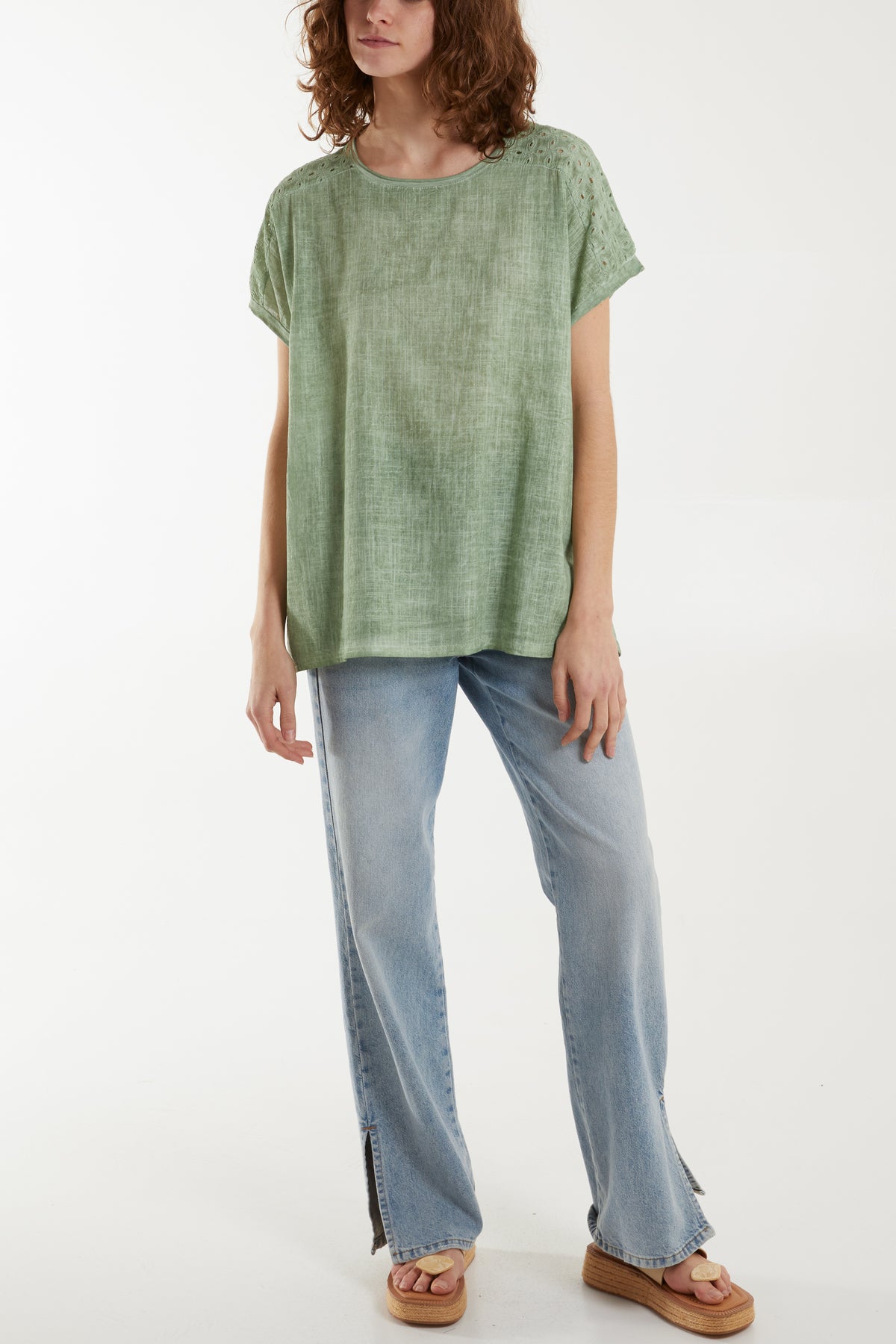 Stone Wash Broderie Anglaise Shoulder Top