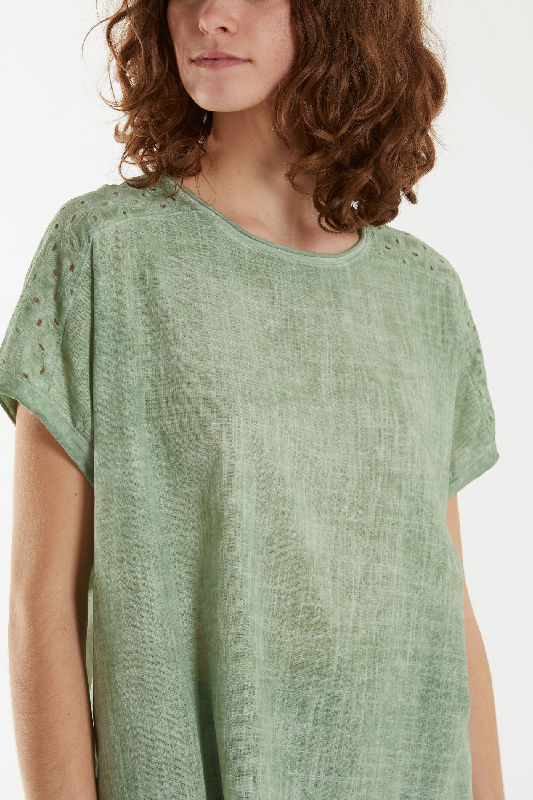 Stone Wash Broderie Anglaise Shoulder Top