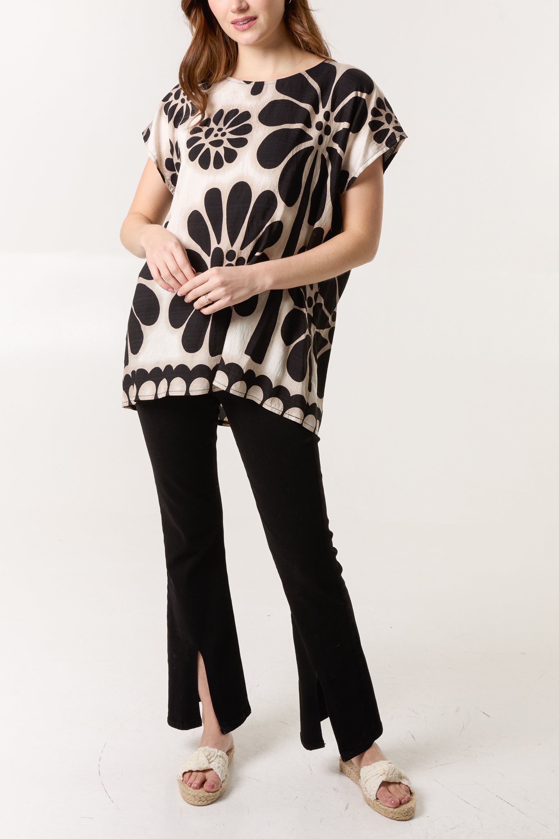 Floral Border Round Neck Top