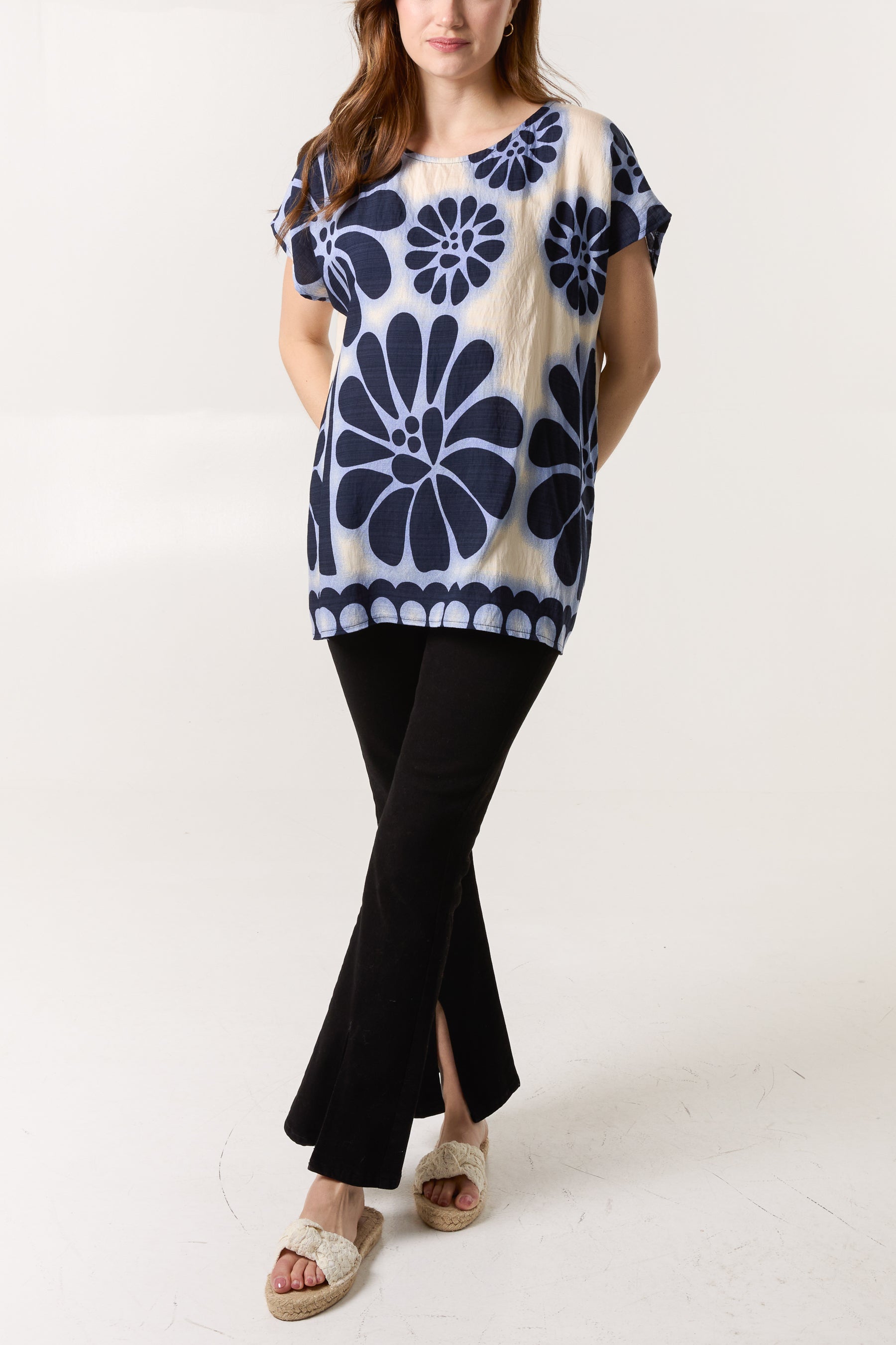 Floral Border Round Neck Top