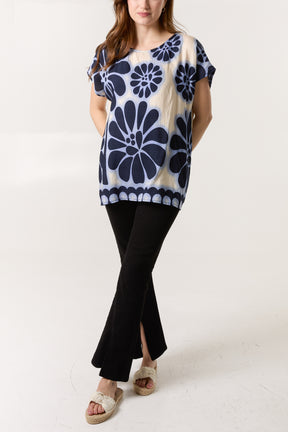 Floral Border Round Neck Top