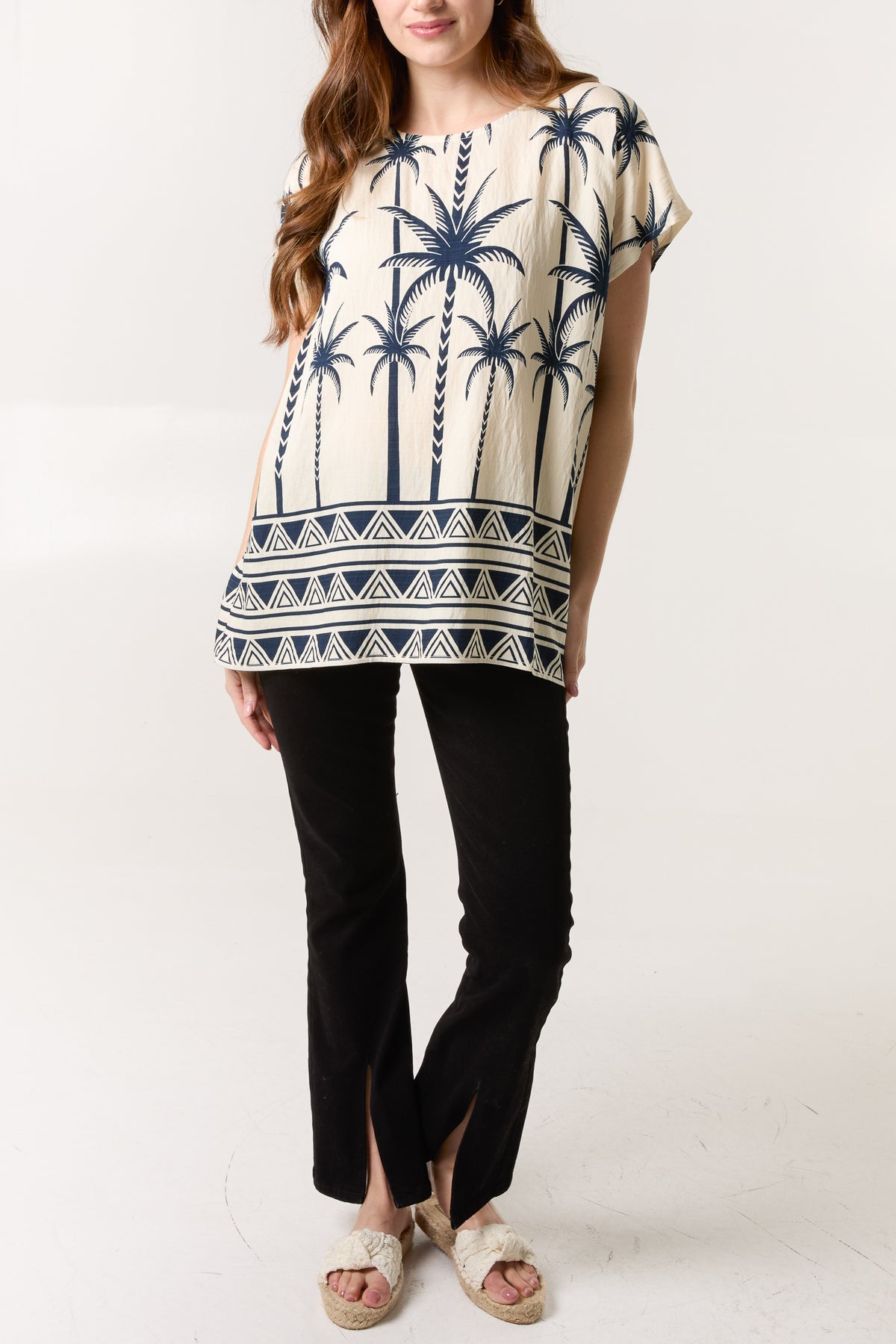 Palm Print Round Neck Top