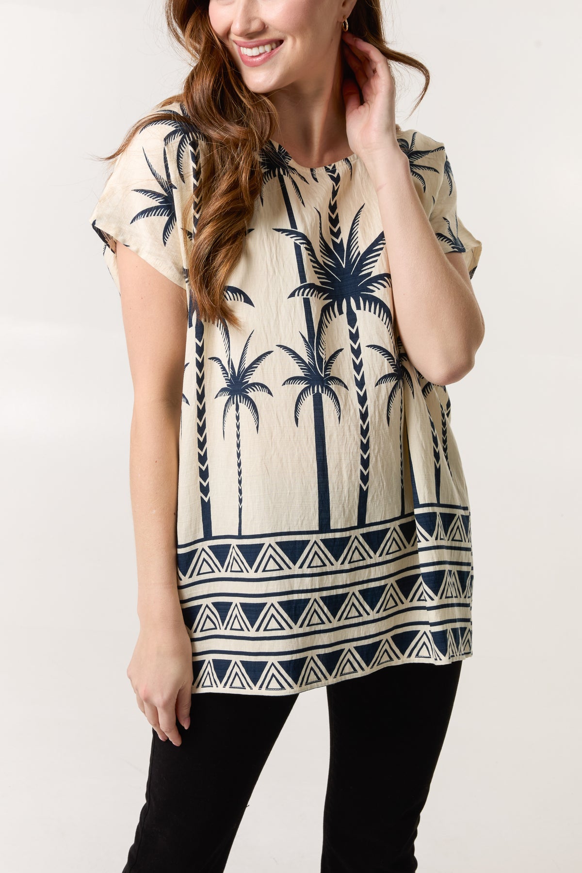 Palm Print Round Neck Top