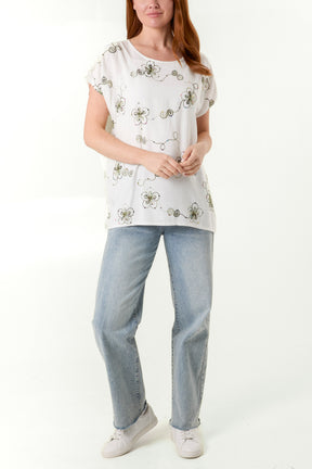 Sequin Embroidered Flower Round Neck Top