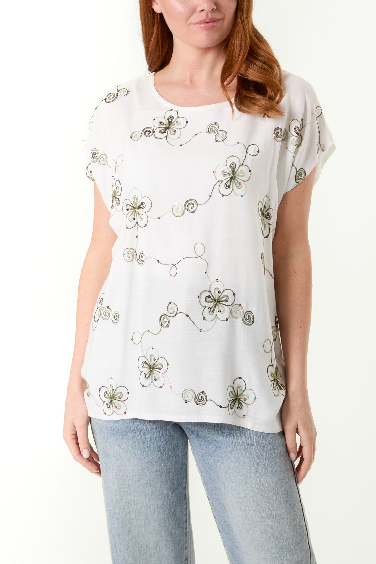 Sequin Embroidered Flower Round Neck Top