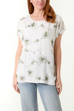 Sequin Embroidered Flower Round Neck Top