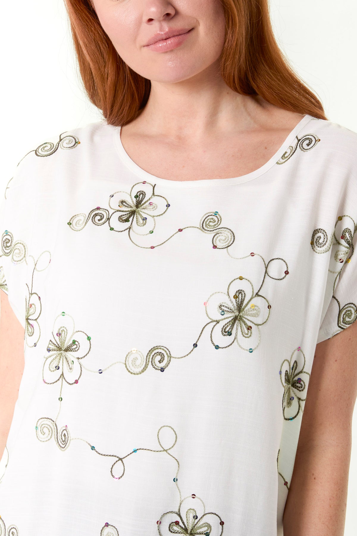 Sequin Embroidered Flower Round Neck Top