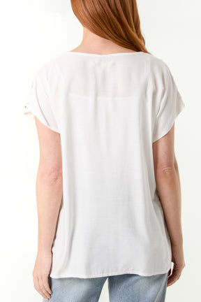 Sequin Embroidered Flower Round Neck Top