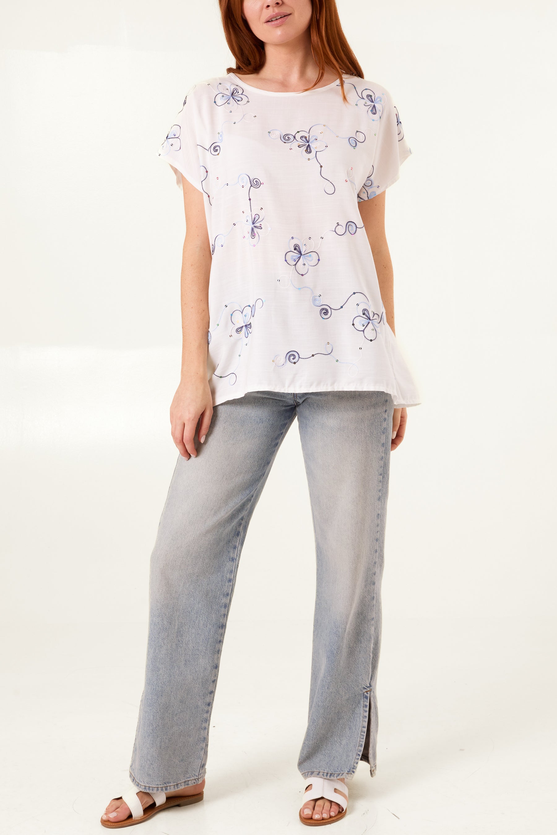 Sequin Embroidered Flower Round Neck Top