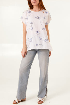 Sequin Embroidered Flower Round Neck Top