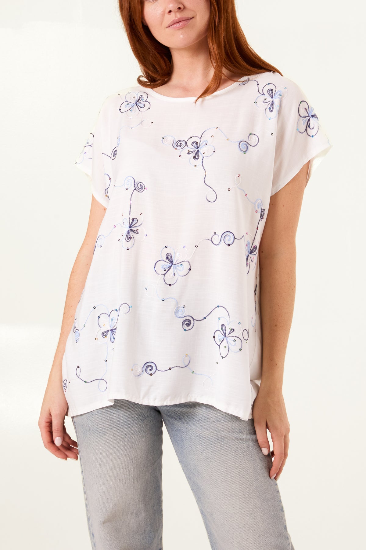 Sequin Embroidered Flower Round Neck Top