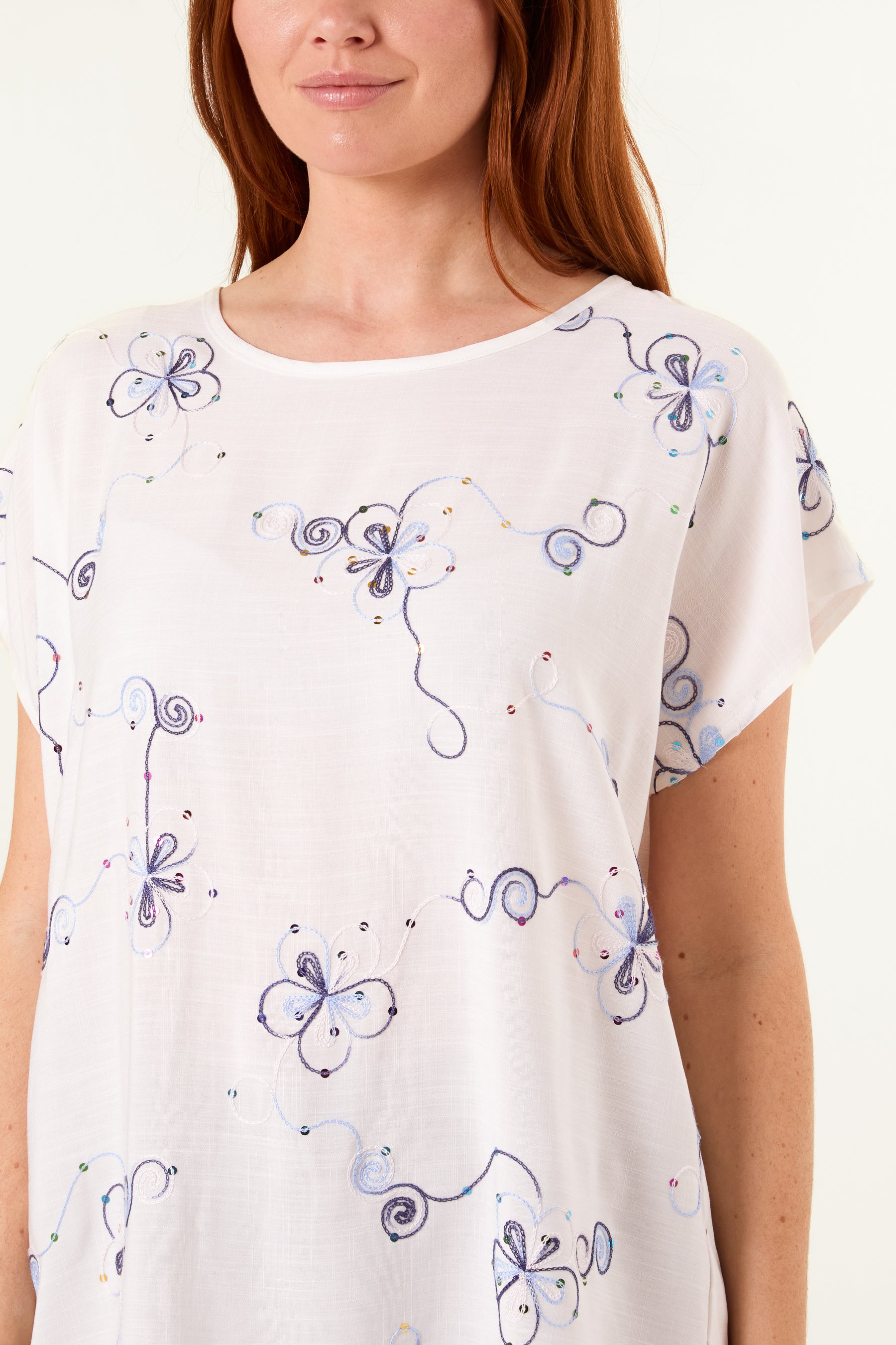 Sequin Embroidered Flower Round Neck Top