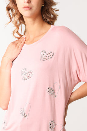Embellished Heart Round Neck T-Shirt