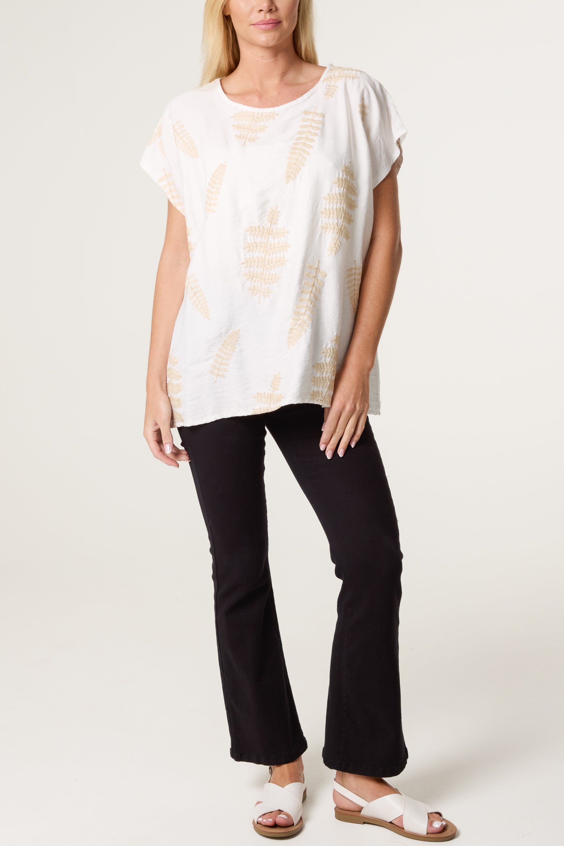 Embroidered Leaf Round Neck Top