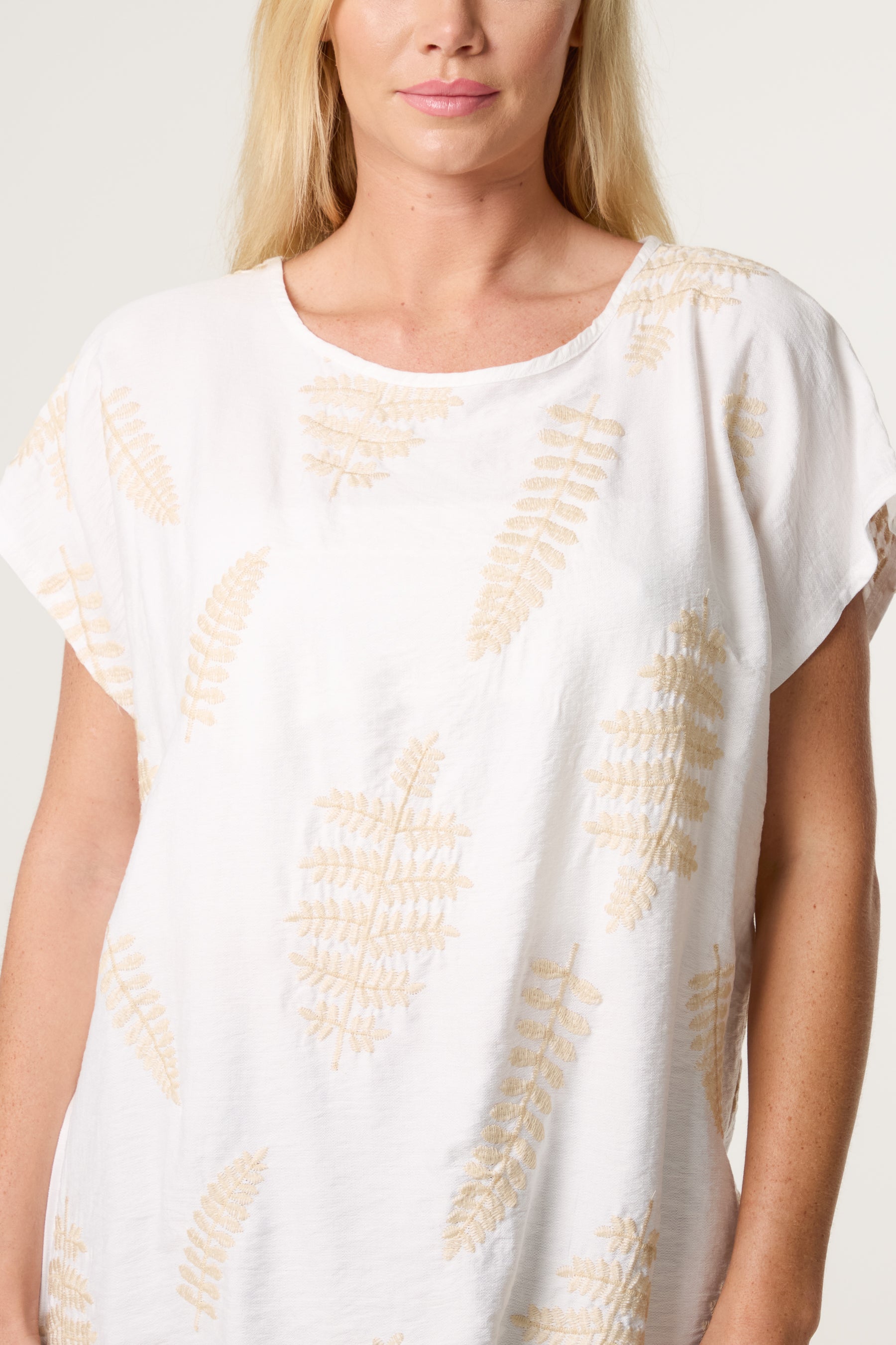 Embroidered Leaf Round Neck Top