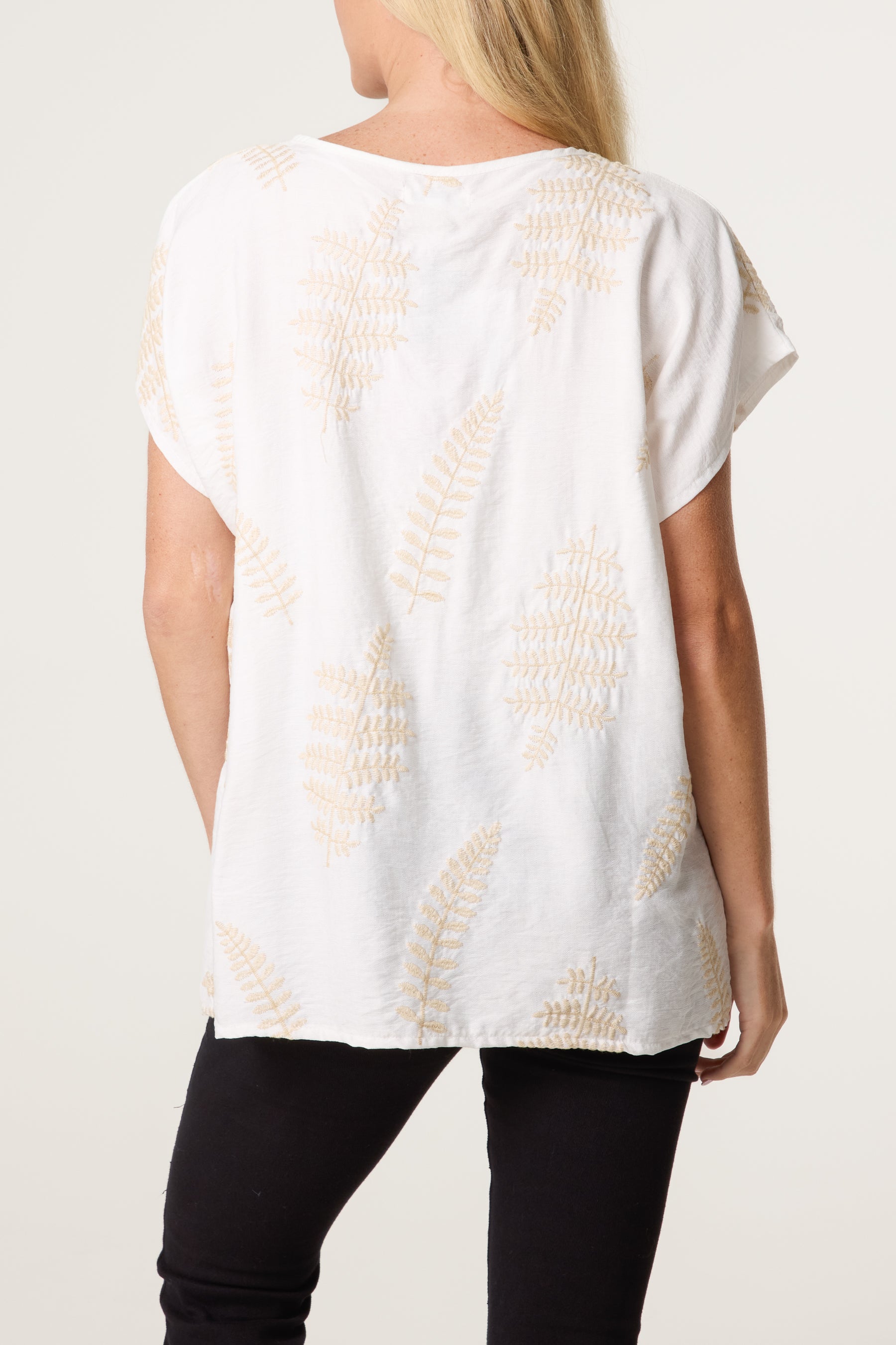 Embroidered Leaf Round Neck Top