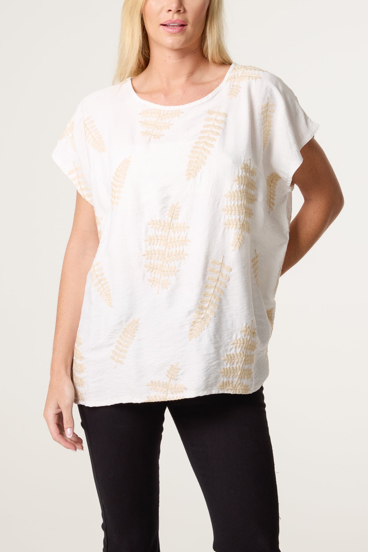 Embroidered Leaf Round Neck Top