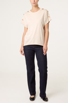 Gold Buttons Detail Round Neck T-Shirt