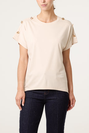 Gold Buttons Detail Round Neck T-Shirt