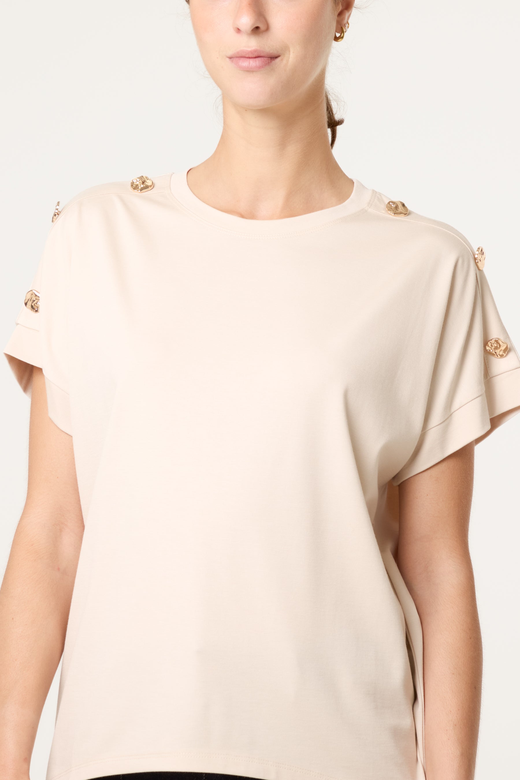 Gold Buttons Detail Round Neck T-Shirt