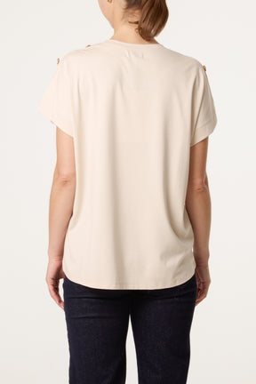 Gold Buttons Detail Round Neck T-Shirt