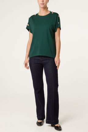 Gold Buttons Detail Round Neck T-Shirt
