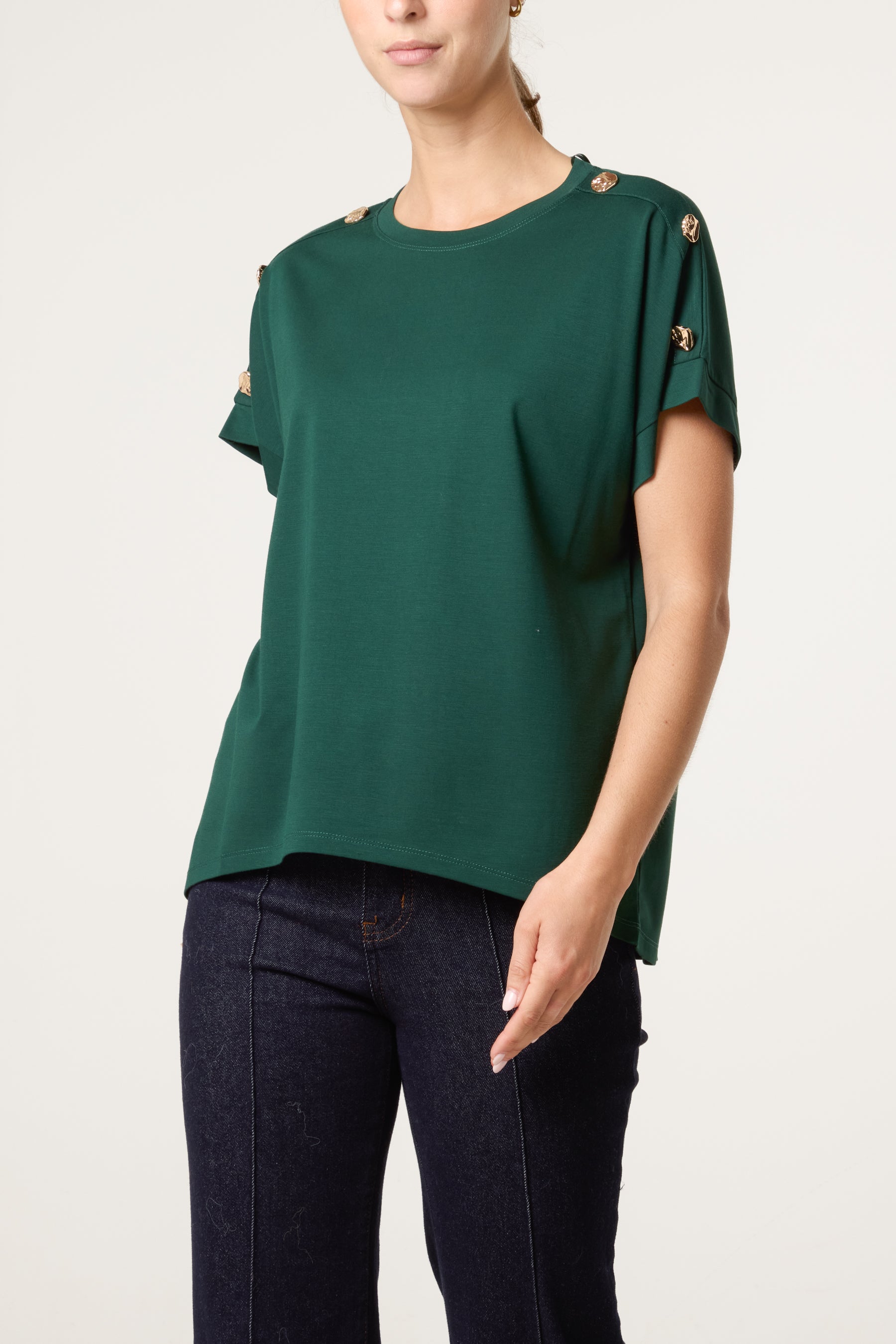 Gold Buttons Detail Round Neck T-Shirt