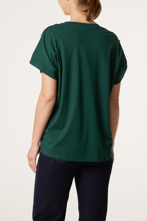 Gold Buttons Detail Round Neck T-Shirt